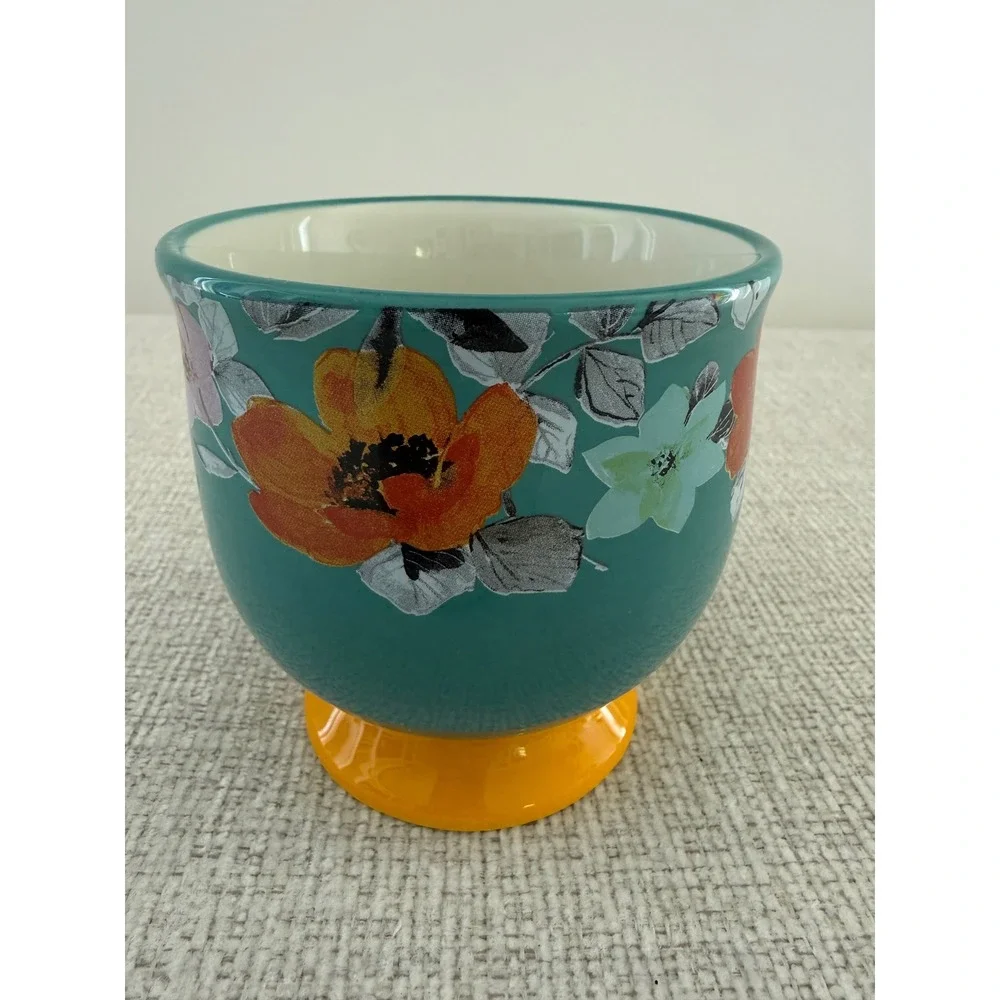 Pioneer‎ Woman Floral Turquoise and Yellow Footed Coffee Tea cup Coffee Mug